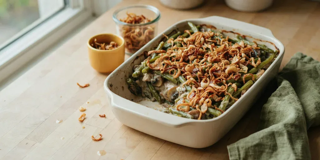 A baking dish of green bean casserole with a creamy mushroom sauce and crisp fried shallots, one scoop taken out