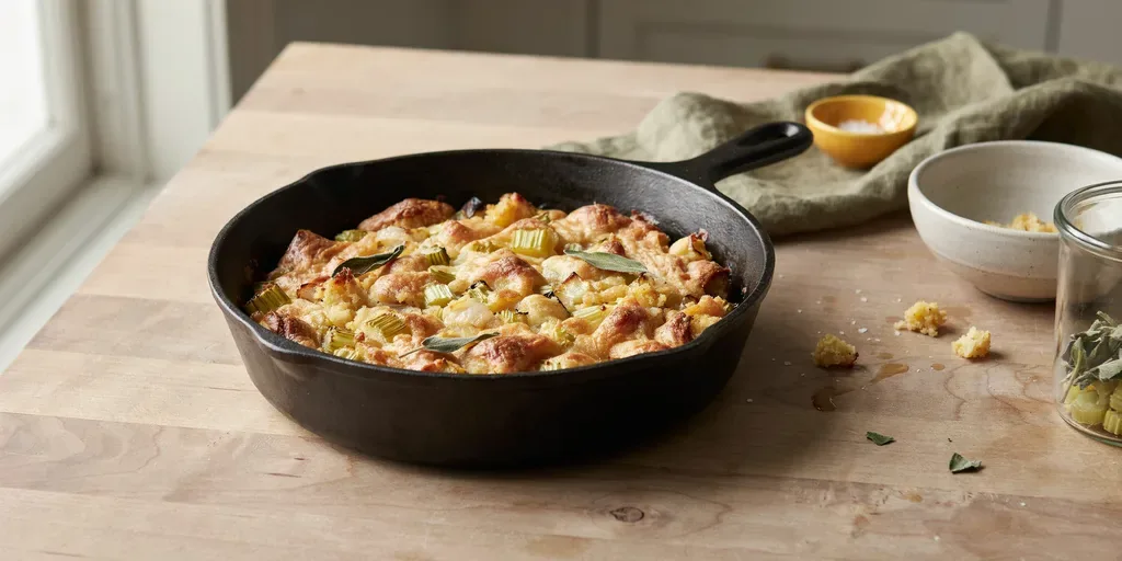 A cast iron skillet of golden cornbread stuffing with celery, onion and sage leaves, crisp on top