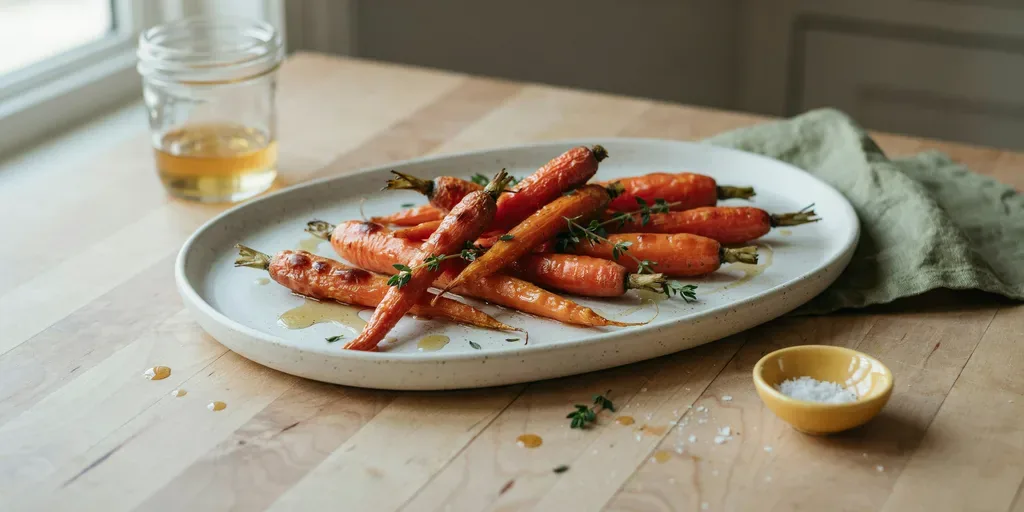Whole roasted carrots glazed with maple syrup on a stoneware platter, sprinkled with thyme