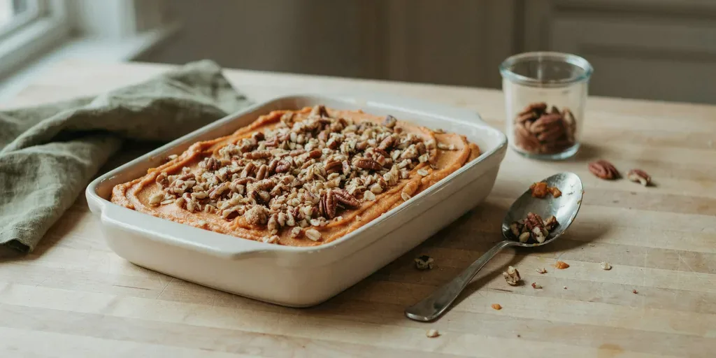 A baking dish of mashed sweet potato topped with a pecan crumble, a serving spoon beside it