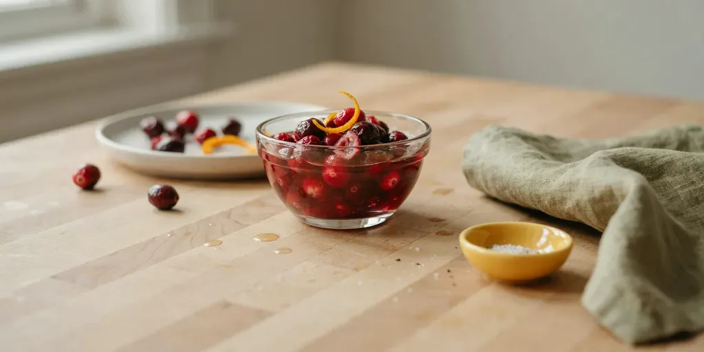A small glass bowl of homemade cranberry sauce with whole berries and a strip of orange zest
