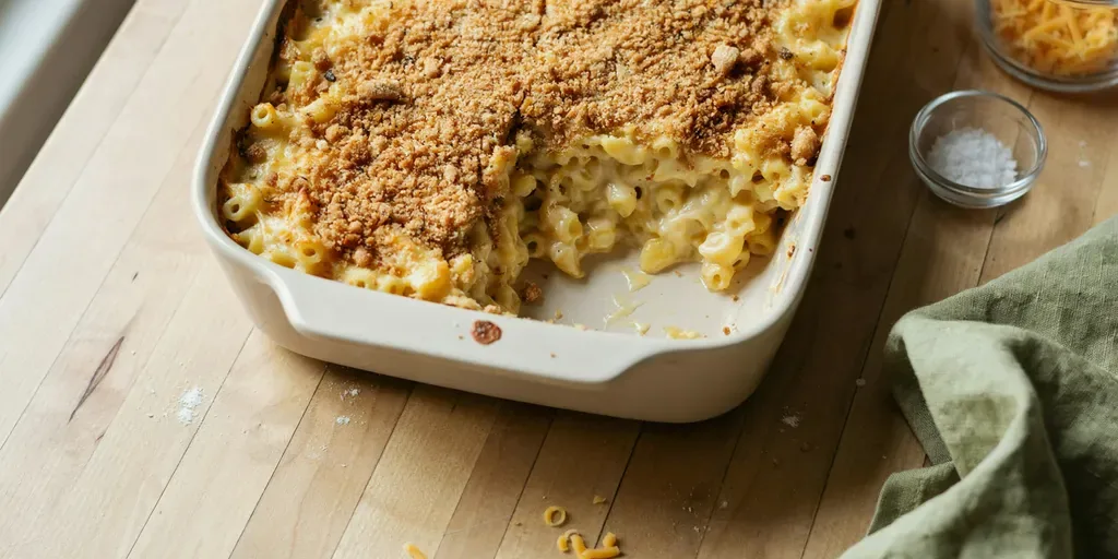 A baking dish of baked macaroni and cheese with a browned crumb top, one corner scooped out